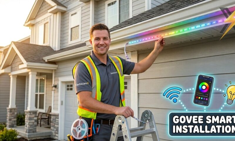 Electrician installing Govee permanent smart outdoor lights on a home roofline in Southwest Florida