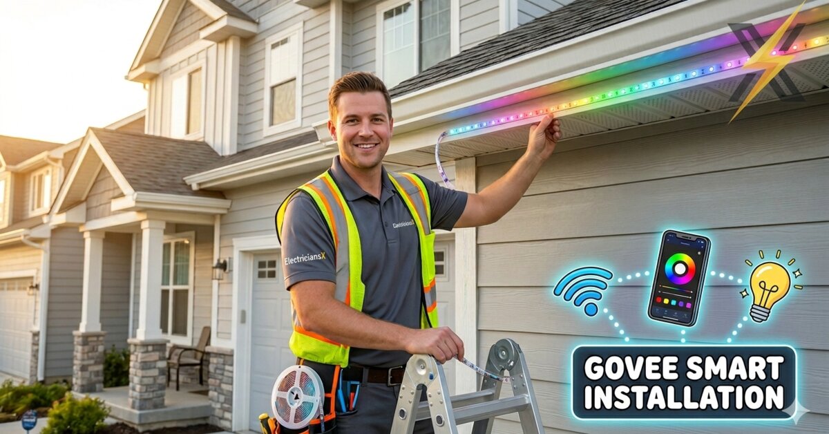 Electrician installing Govee permanent smart outdoor lights on a home roofline in Southwest Florida