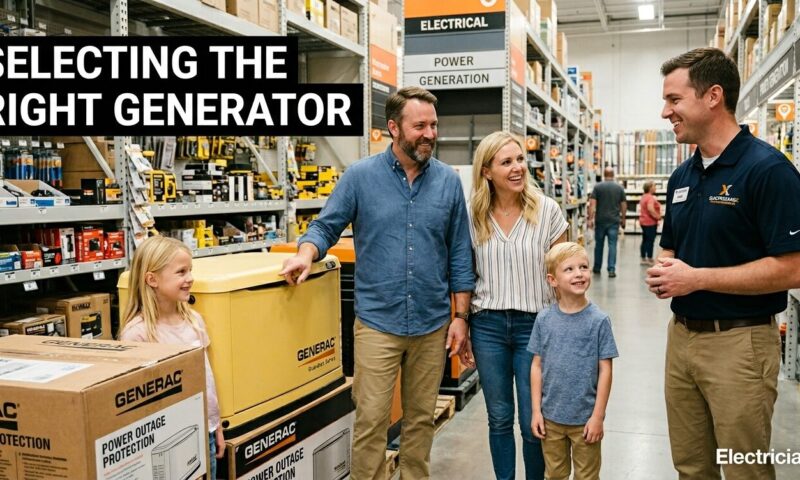 Family selecting the right generator for their home at a hardware store in Southwest Florida