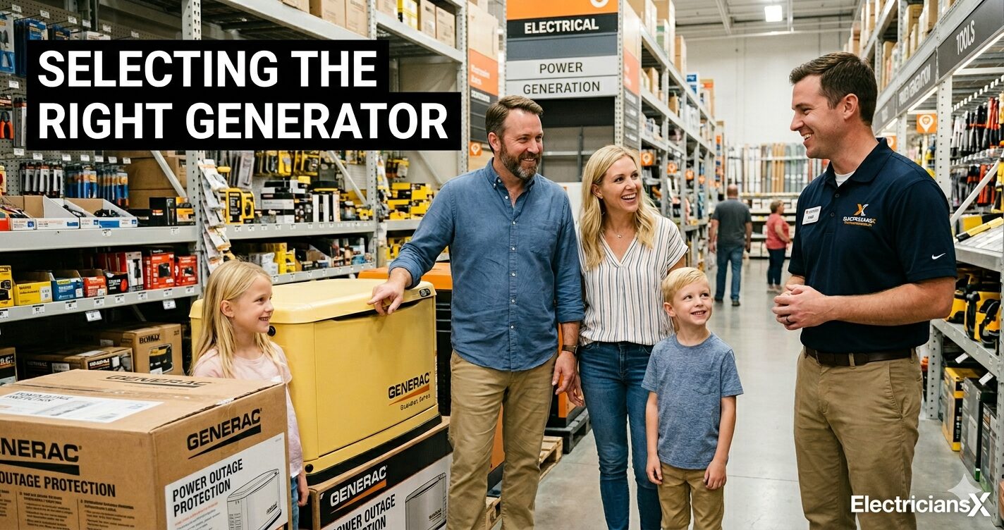 Family selecting the right generator for their home at a hardware store in Southwest Florida