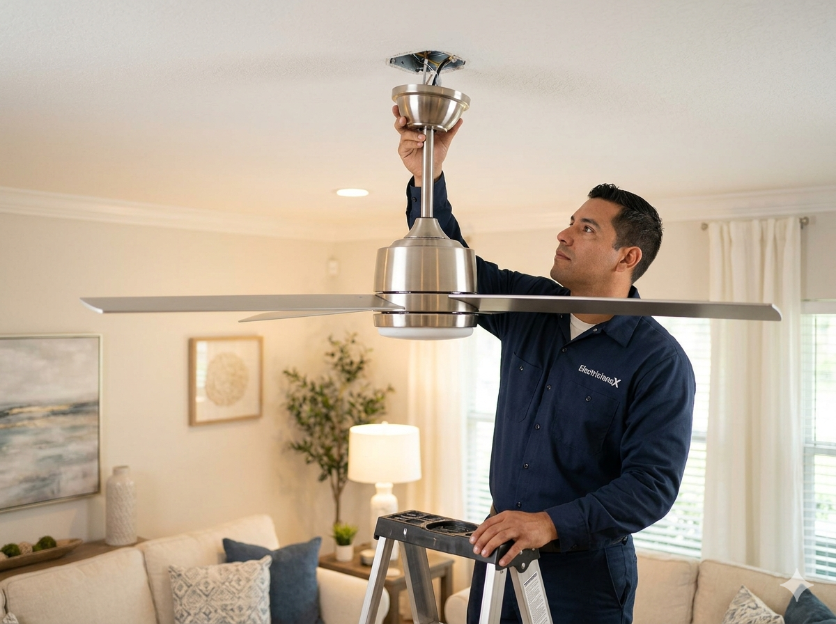 ElectriciansX electrician installing a ceiling fan in a Southwest Florida home living room
