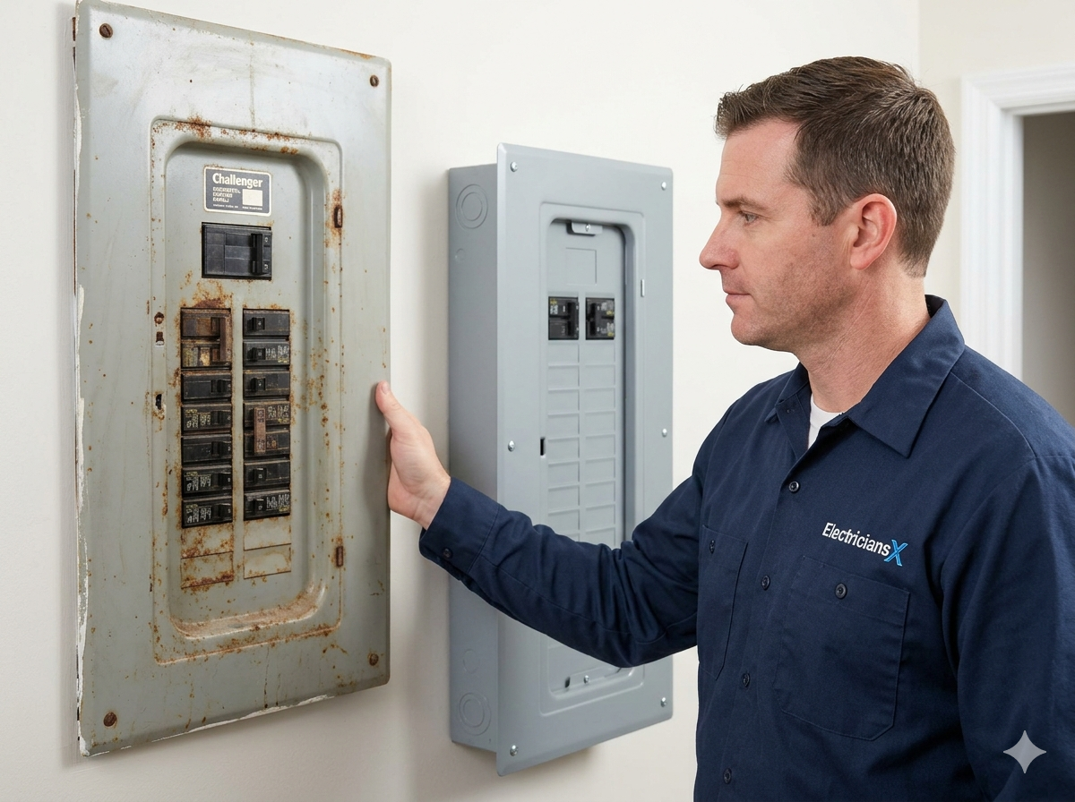 Licensed ElectriciansX electrician replacing an outdated Challenger or FPE electrical panel in a Southwest Florida home