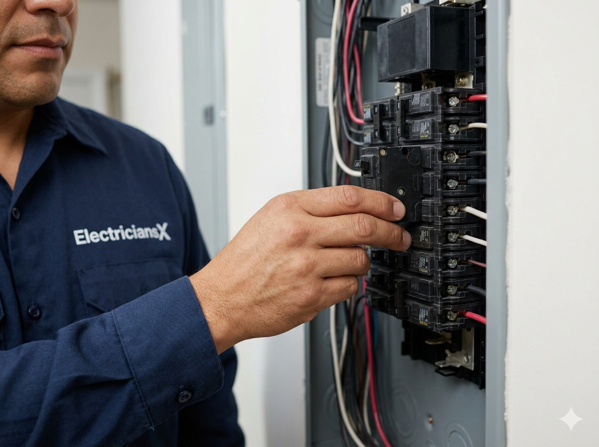 ElectriciansX electrician installing a circuit breaker in a Southwest Florida residential electrical panel