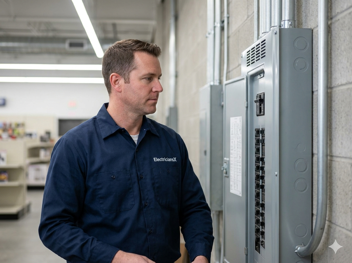 ElectriciansX commercial electrician installing a large electrical panel in a Southwest Florida business