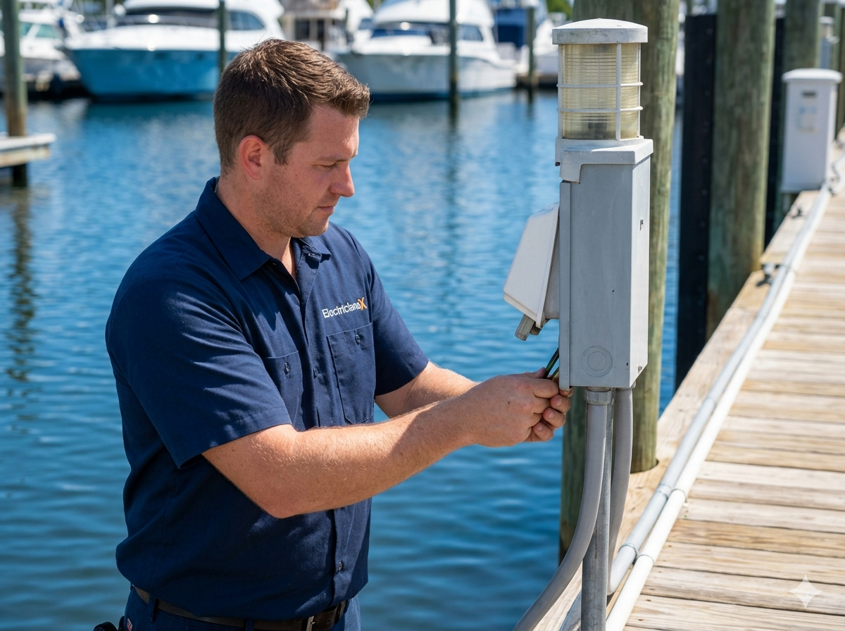 ElectriciansX electrician performing dock wiring and marine electrical services at a Southwest Florida waterfront