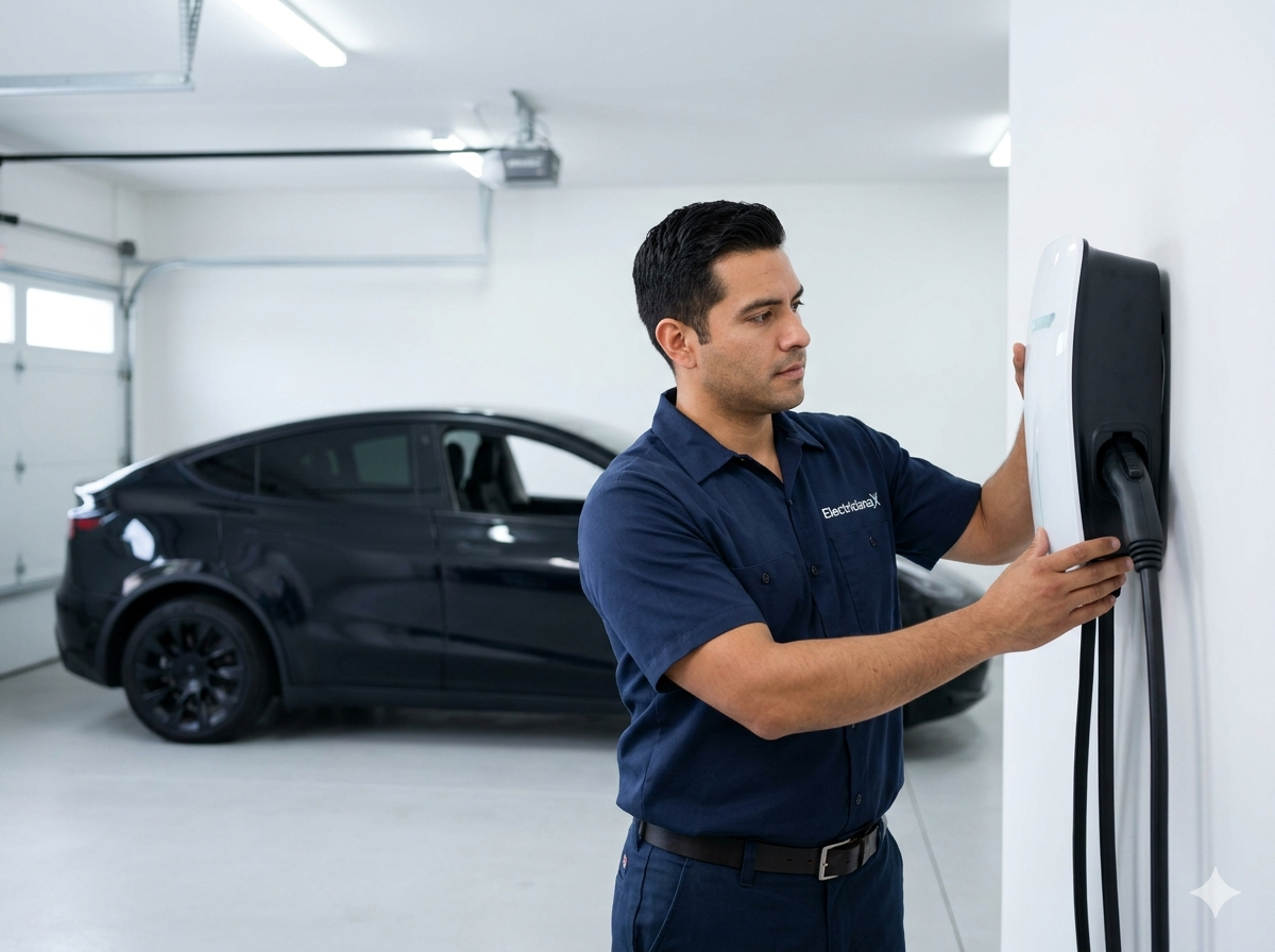 ElectriciansX electrician installing a Level 2 EV charger in a Southwest Florida garage