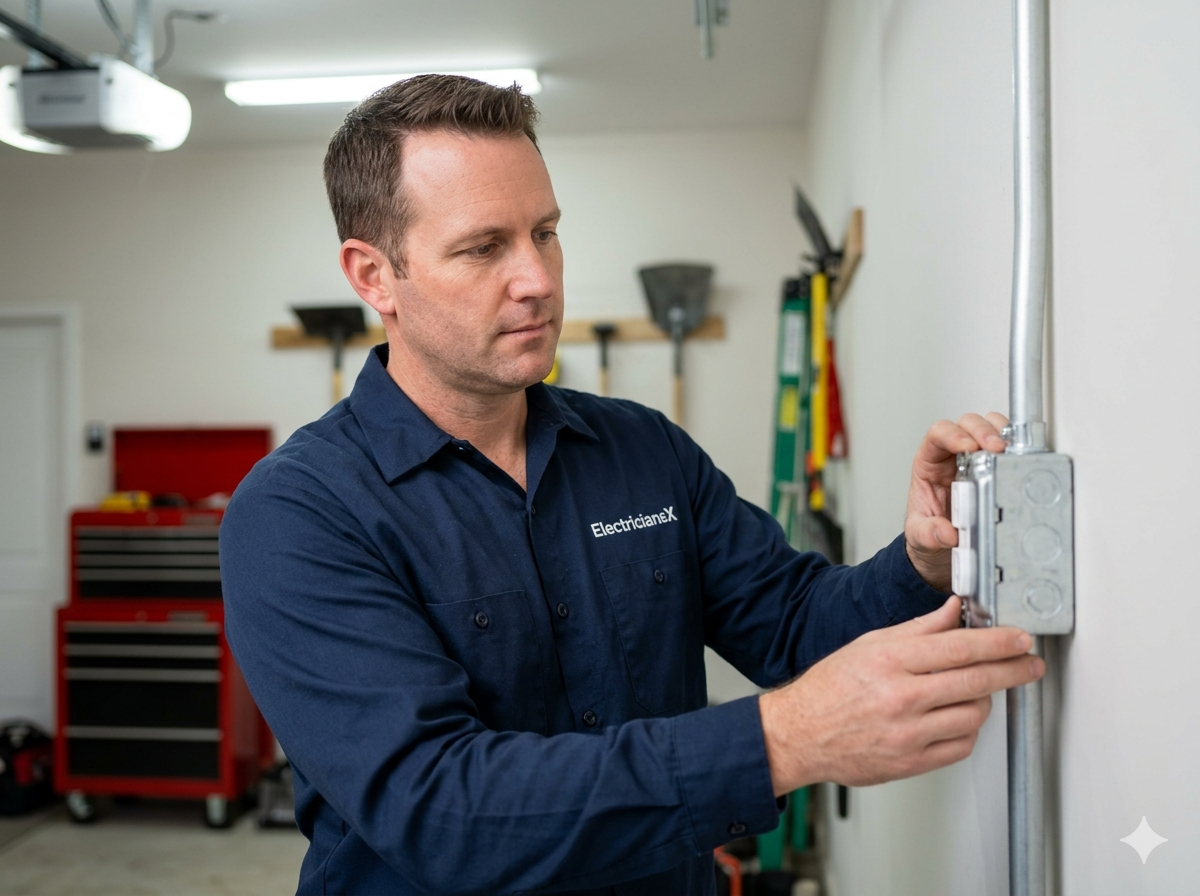 ElectriciansX electrician installing a 240-volt outlet in a Southwest Florida garage
