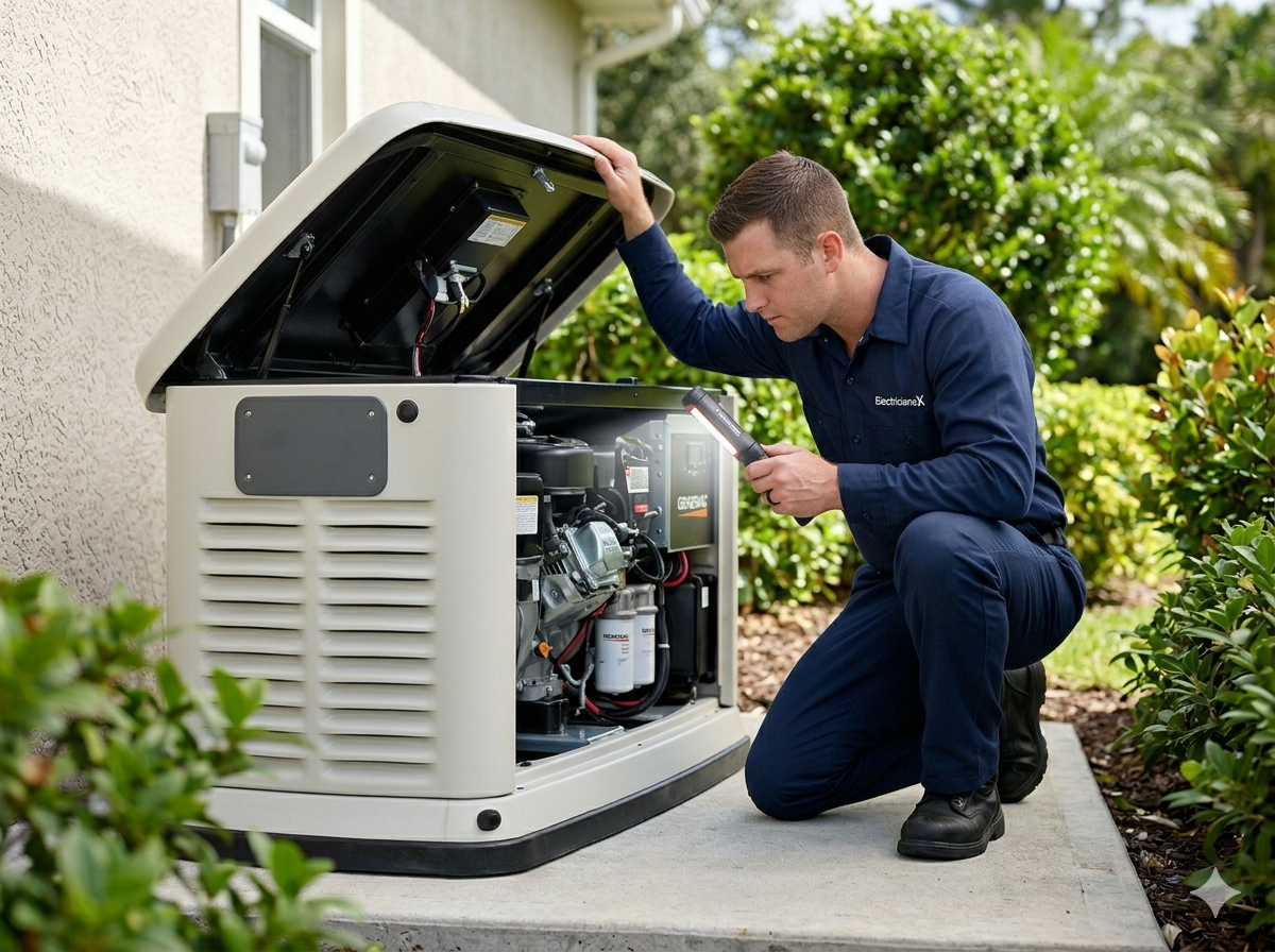 ElectriciansX electrician installing a Generac standby generator at a Southwest Florida home