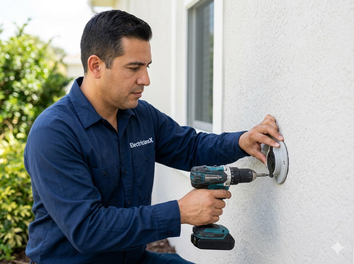 ElectriciansX electrician installing a weatherproof generator inlet receptacle on a Southwest Florida home exterior