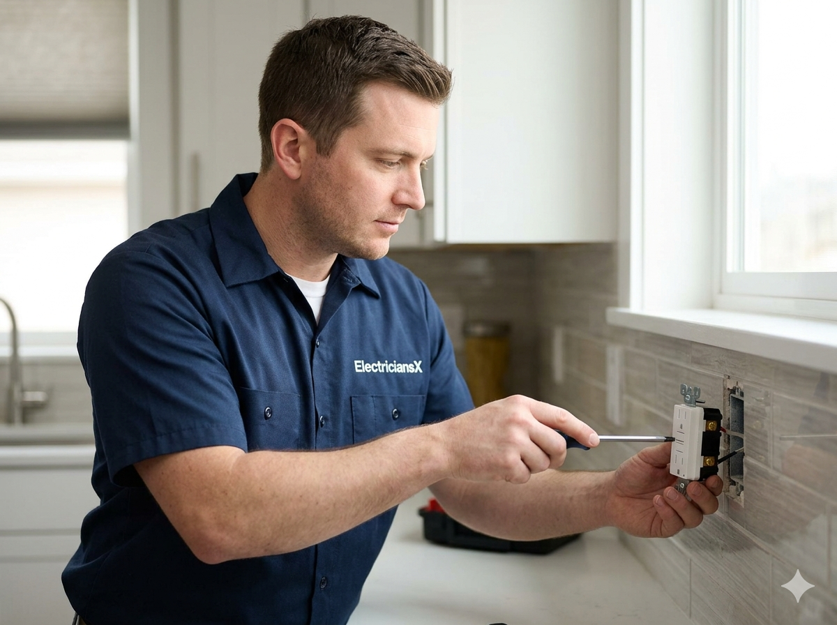 ElectriciansX electrician installing a GFCI outlet in a Southwest Florida kitchen