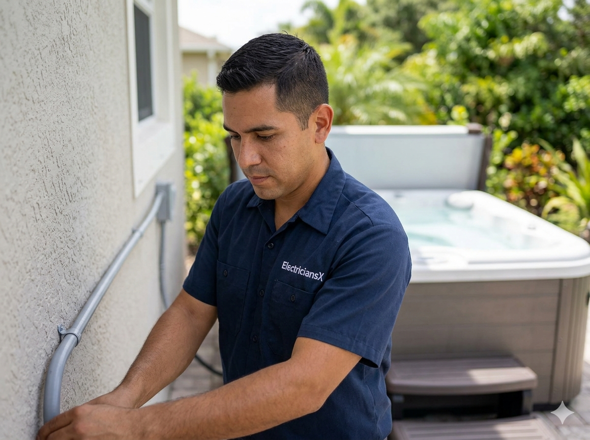 ElectriciansX electrician running weatherproof electrical conduit to a hot tub at a Southwest Florida home