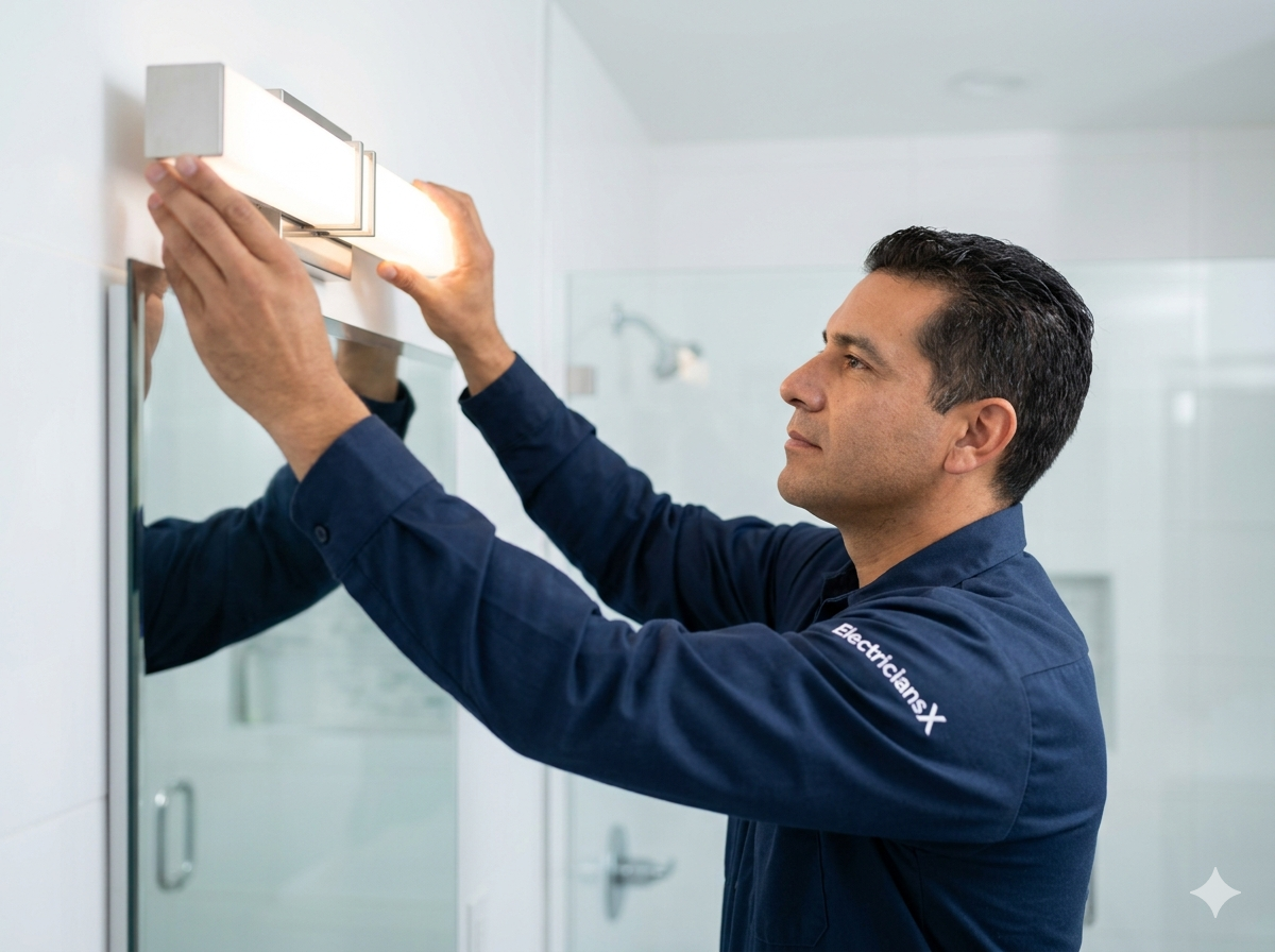 ElectriciansX electrician installing a modern vanity light fixture in a Southwest Florida home bathroom