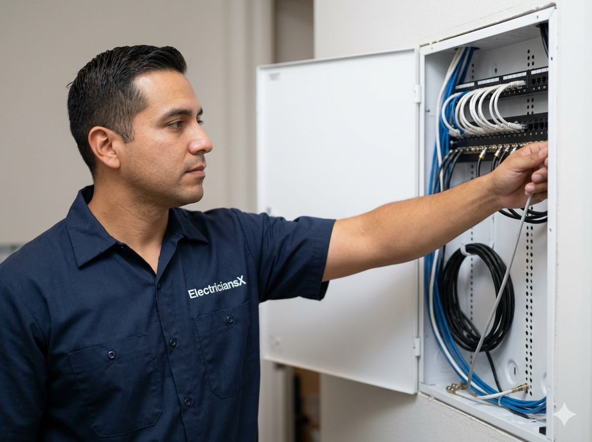 ElectriciansX electrician organizing structured wiring and low voltage cables in a Southwest Florida home