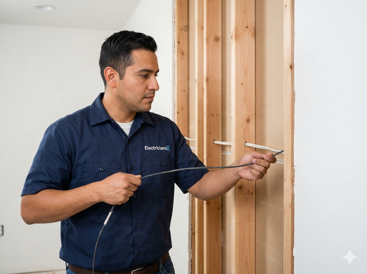 ElectriciansX electrician running residential electrical wiring through wall studs in a Southwest Florida home