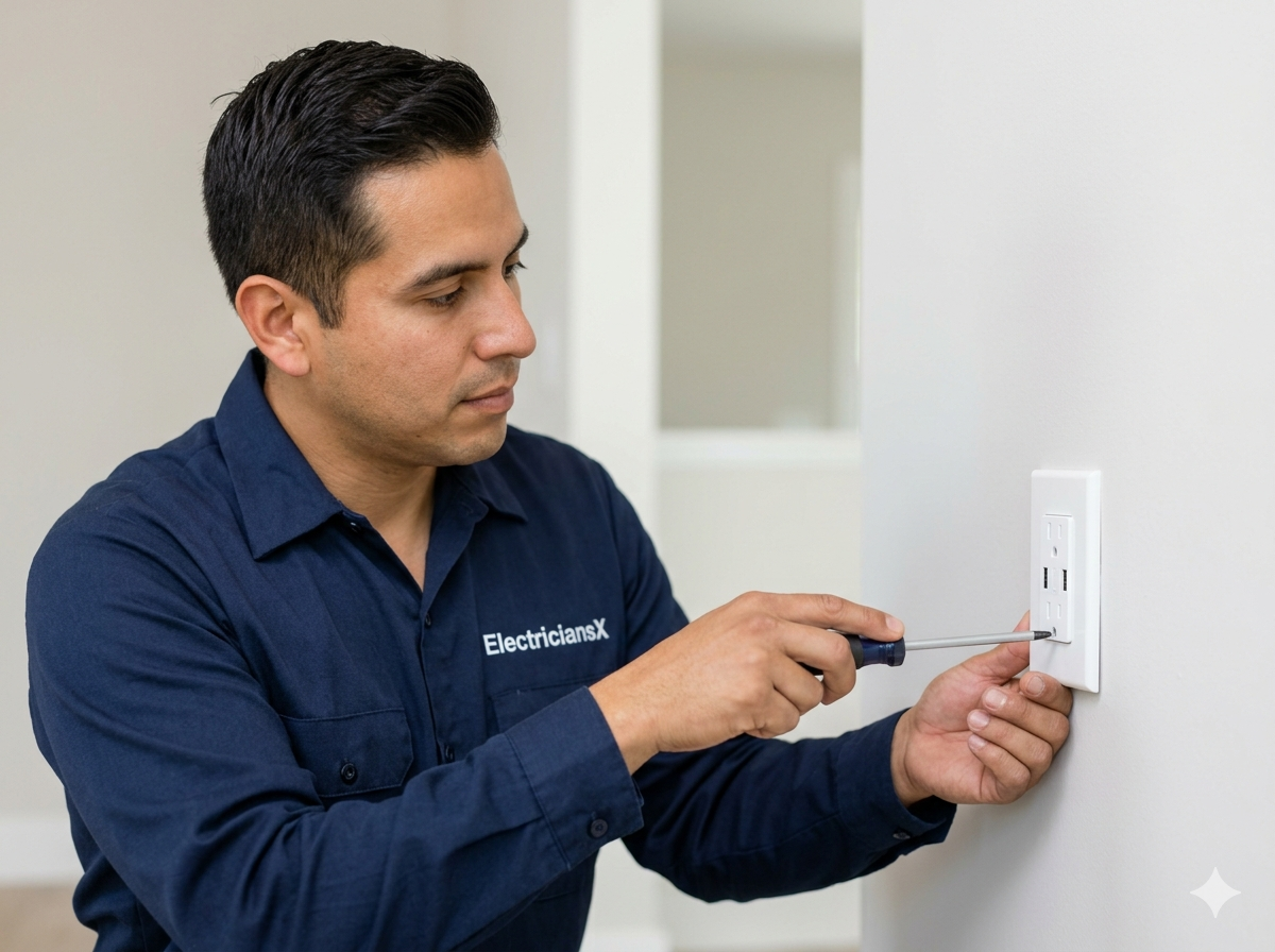 ElectriciansX electrician installing a modern USB-C wall outlet in a Southwest Florida home