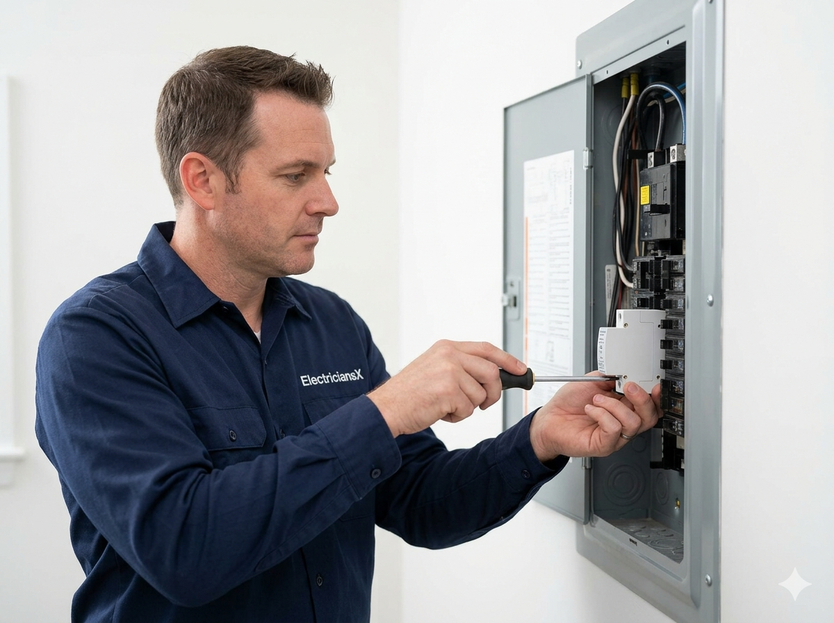 ElectriciansX electrician installing a whole-house surge protection device inside a Southwest Florida electrical panel