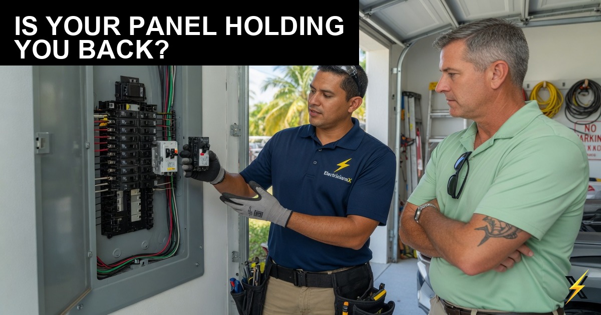 ElectriciansX technician comparing old panel with 200-amp upgrade in Cape Coral utility room