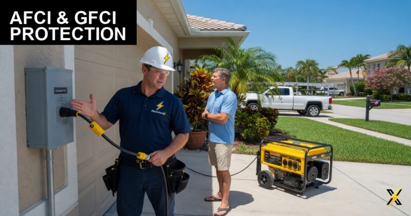 ElectriciansX technician demonstrating AFCI and GFCI breakers to Fort Myers homeowner