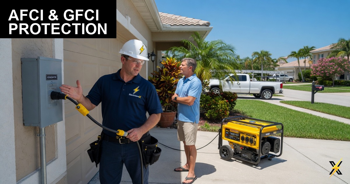 ElectriciansX technician demonstrating AFCI and GFCI breakers to Fort Myers homeowner