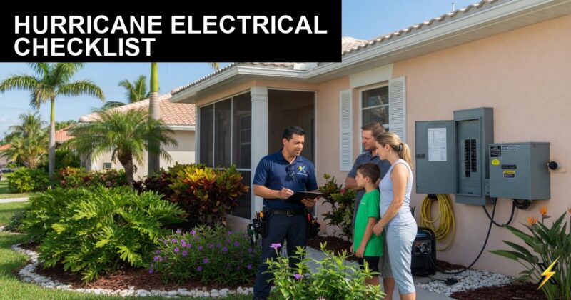 ElectriciansX technician reviewing hurricane electrical checklist with Southwest Florida family