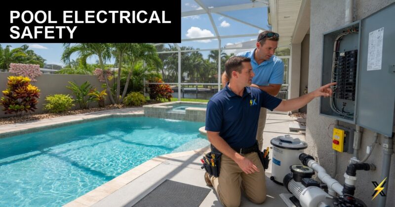 ElectriciansX technician inspecting pool electrical bonding and GFCI at Cape Coral backyard pool