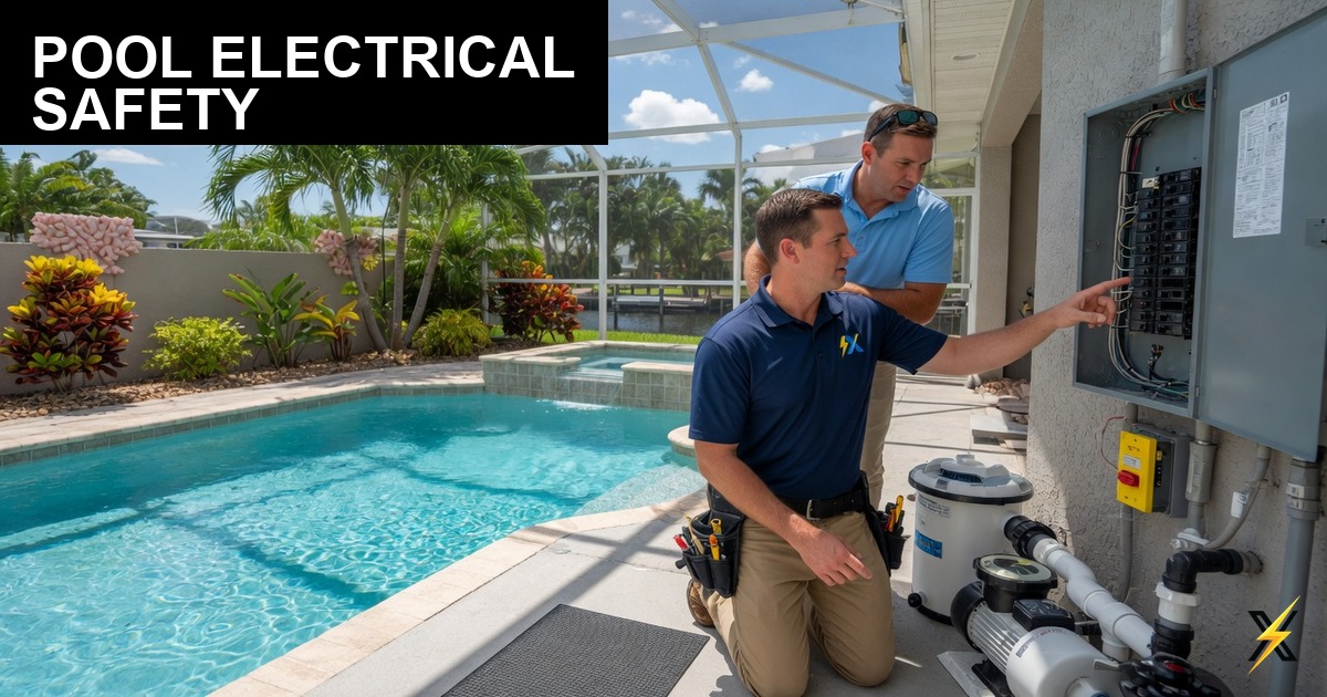 ElectriciansX technician inspecting pool electrical bonding and GFCI at Cape Coral backyard pool