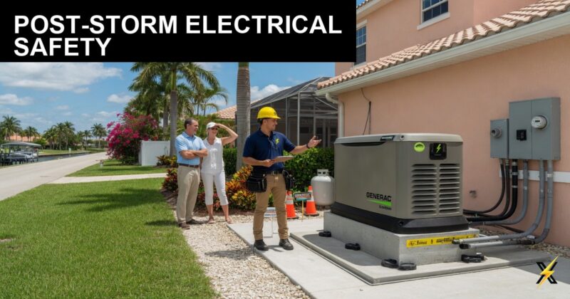 ElectriciansX technician conducting post-storm electrical safety walkthrough on Sanibel property