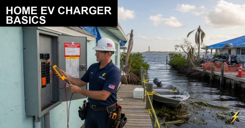 ElectriciansX technician showing Level 2 EV charger installation in Fort Myers Beach garage