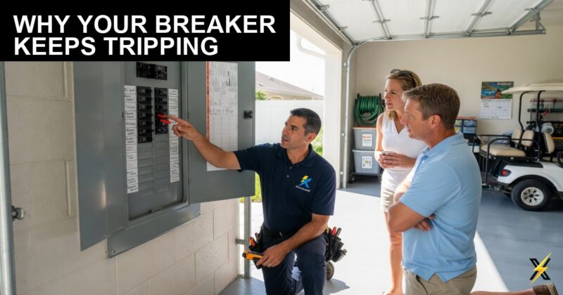ElectriciansX technician explaining tripped breaker to homeowners in Cape Coral garage