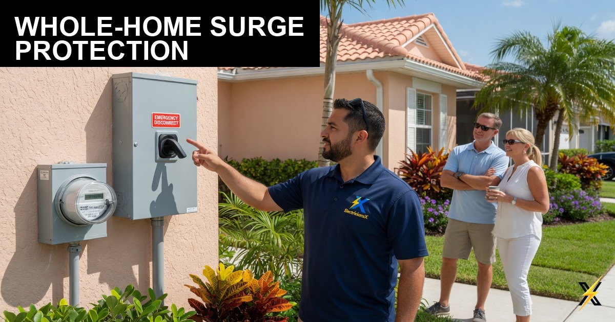 ElectriciansX technician installing whole-house surge protector in Cape Coral electrical panel