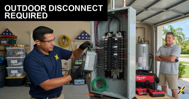 ElectriciansX technician showing outdoor emergency disconnect on Florida home exterior