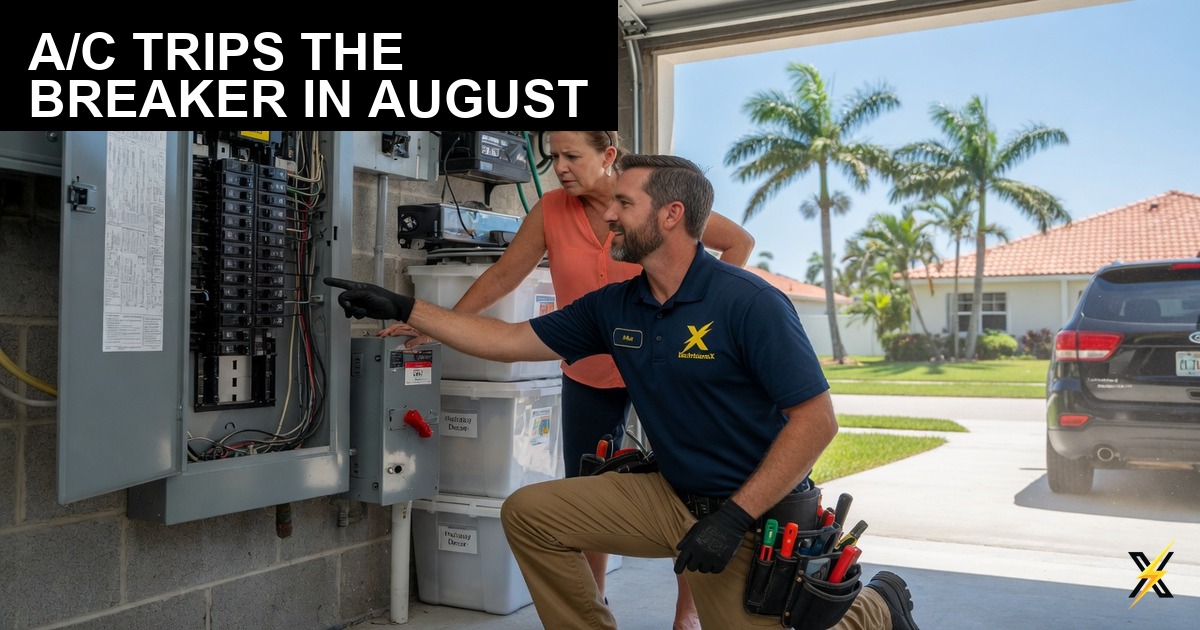 Electrician diagnosing A/C breaker trip in Cape Coral garage