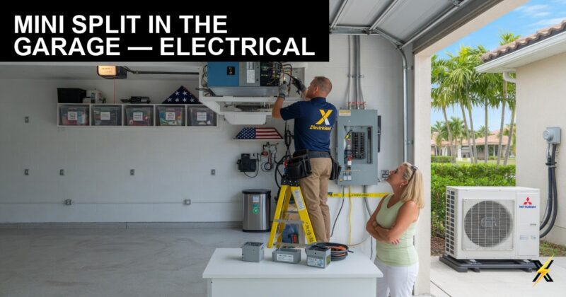 Technician installing mini-split electrical circuit in Southwest Florida garage
