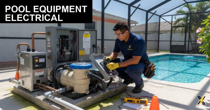 Electrician working on pool pump and heater electrical at Cape Coral pool pad