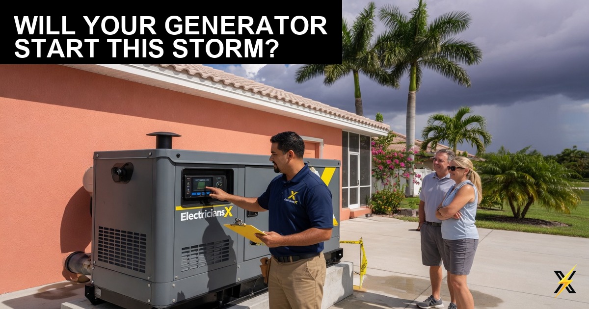 ElectriciansX technician checking standby generator before hurricane season