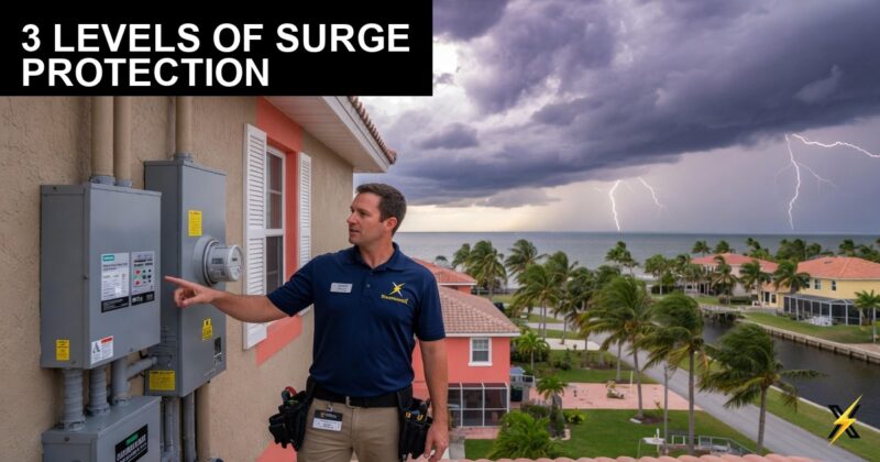 Technician showing whole-home surge protection during Florida lightning season
