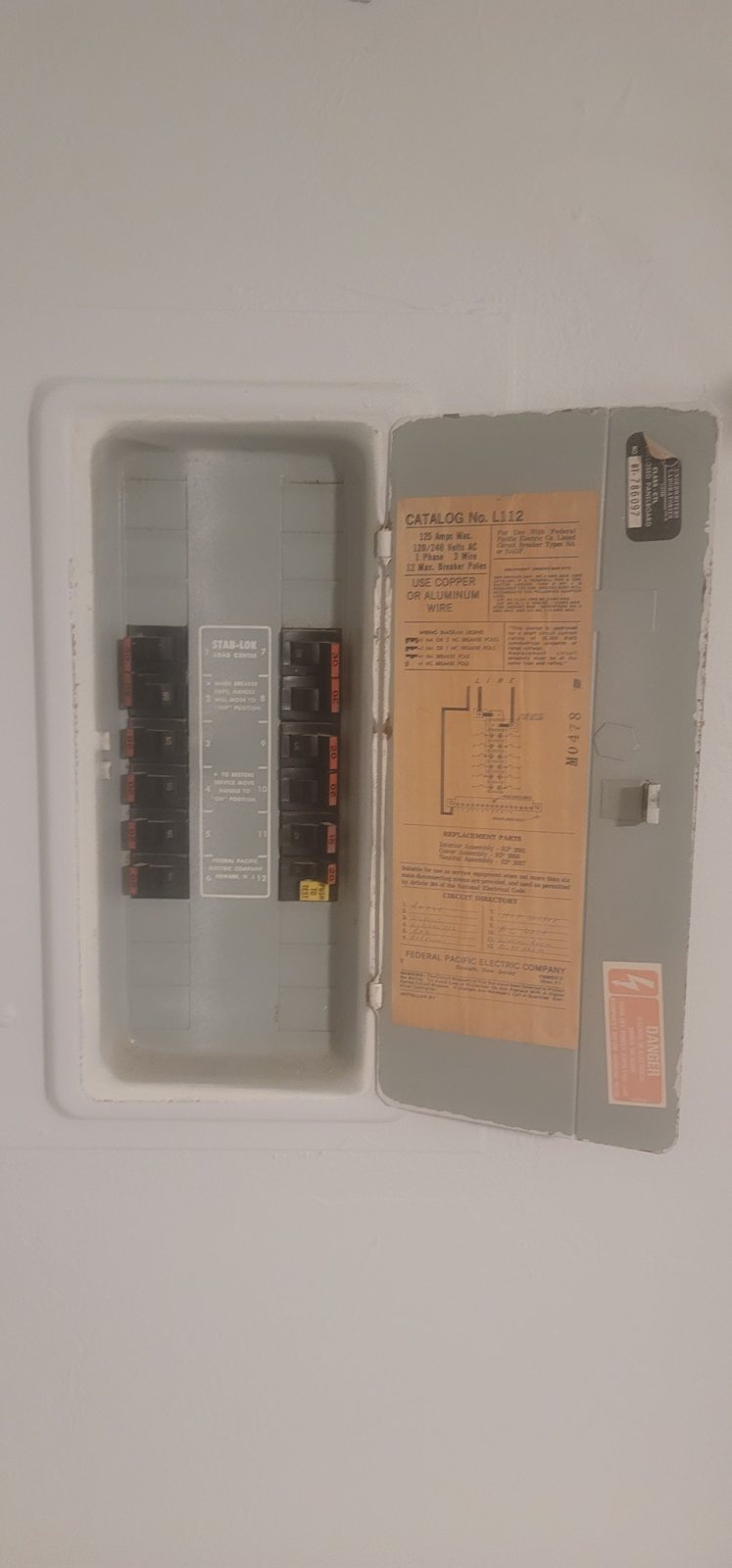 Federal Pacific Stab-Lok load center with the door open, showing the Federal Pacific Electric Company label