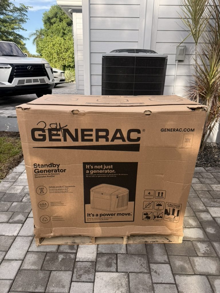 Generac standby generator in its box on site before installation