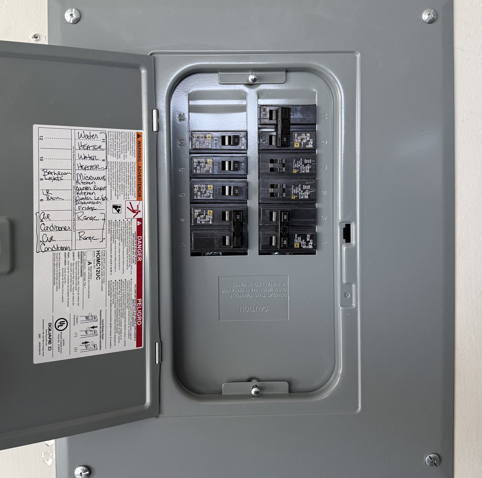 New Square D Homeline panel after replacement with a labeled circuit directory